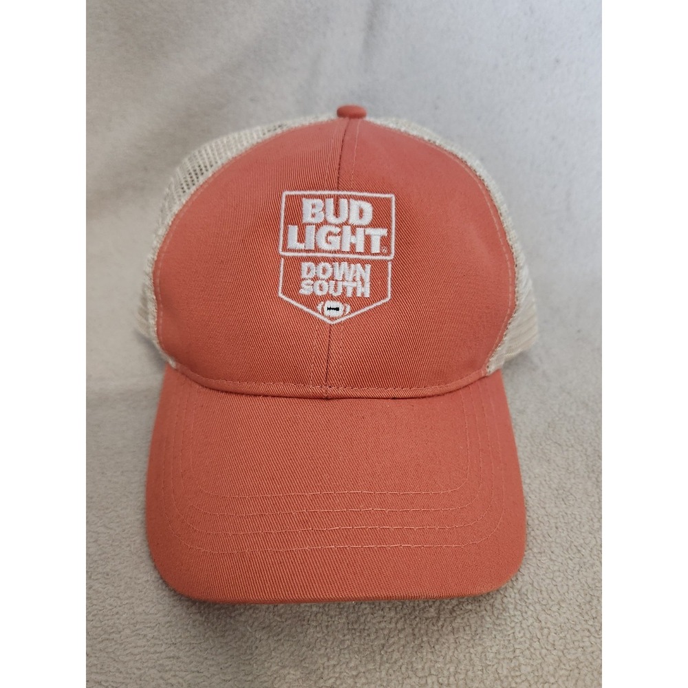 Bud Light Hat Cap Snap Back Trucker Orange Tan Mesh Down South Embroidered Mens